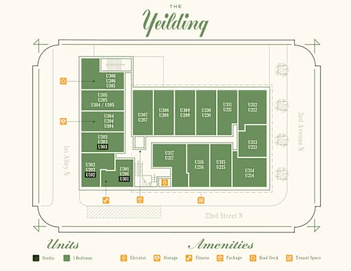 A floor plan of a building with labeled rooms and amenities.