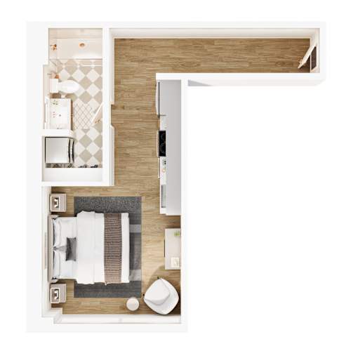 A top-down view of a small, neatly organized bedroom with a bed, nightstand, chair, and a bathroom area.