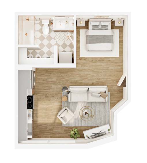 A top-down view of a modern kitchen and living room.