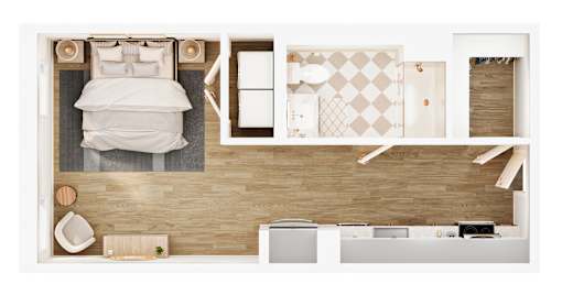 A bedroom with a bed, nightstand, and chair.