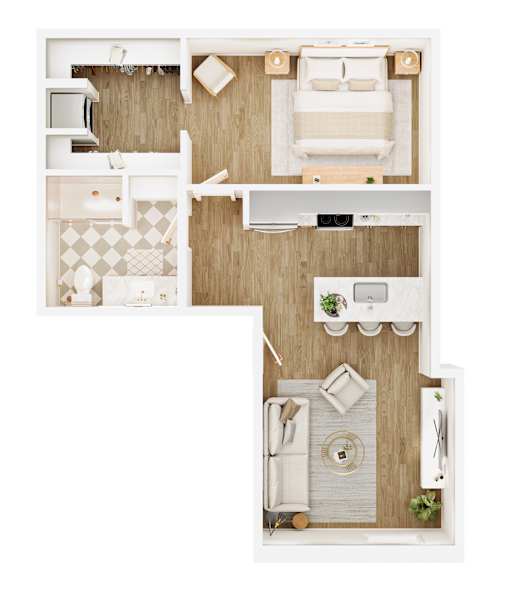 A top-down view of a small apartment with a bedroom, living room, and kitchen.
