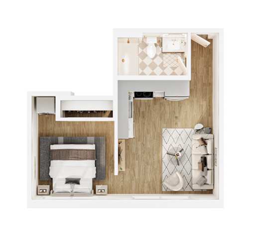 A top down view of a modern bathroom with a fireplace.