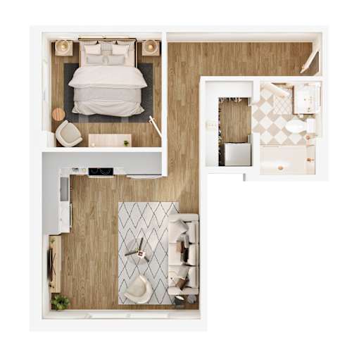 A top-down view of a bedroom with a bed, dresser, and bathroom.
