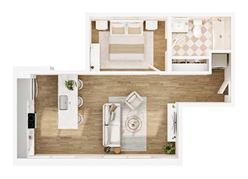 A top-down view of a modern, minimalist living space with a kitchen, dining area, and a bedroom.