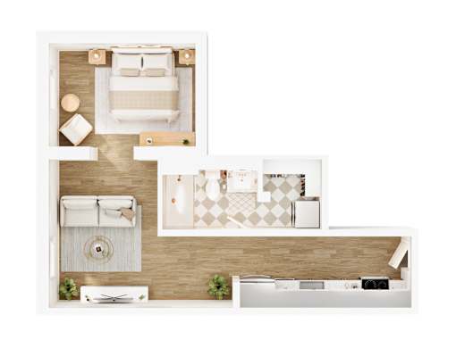 A top-down view of a modern, minimalist bedroom and kitchen area.