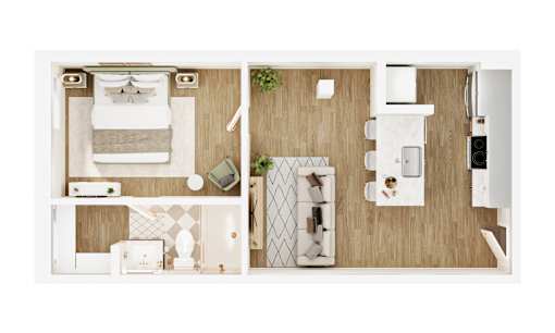 A top down view of a small apartment with a bedroom, living room, and kitchen.