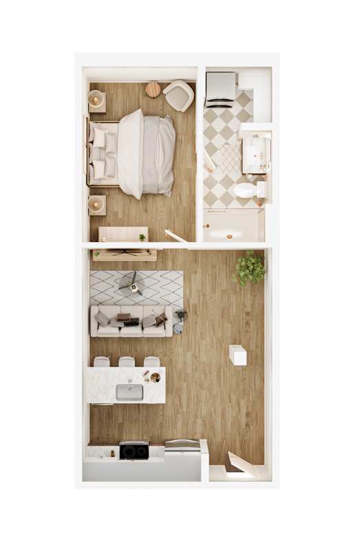 A top-down view of a small, neatly organized bedroom with a bed, nightstand, and a small plant.