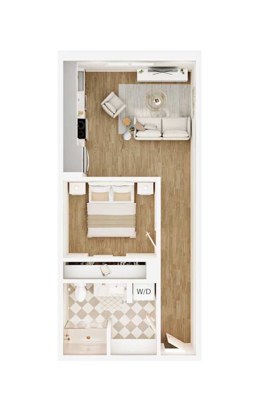 A series of images showing a small room layout with a bed, a desk, and a wardrobe.