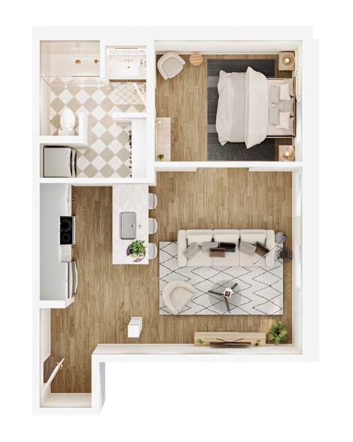 A top-down view of a small, neatly organized kitchen and living room.