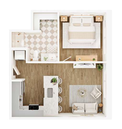 A top-down view of a small, neatly organized bedroom with a bed, nightstand, and a small kitchenette.