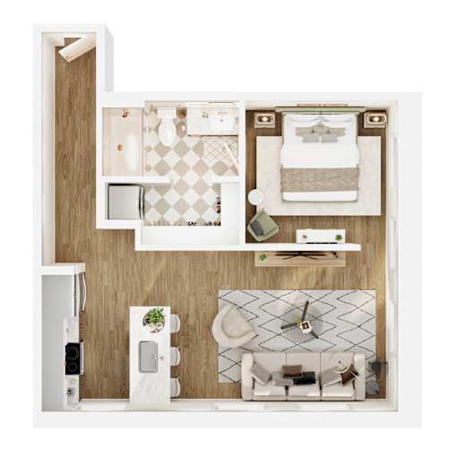 A top-down view of a small apartment with a bed, a sink, a toilet, a fridge, and a microwave.
