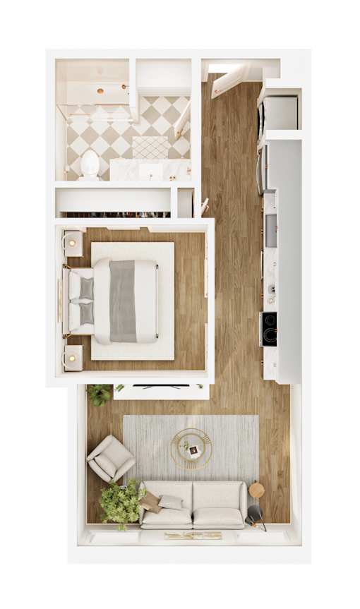 A modern bathroom with a wooden vanity and a white toilet.