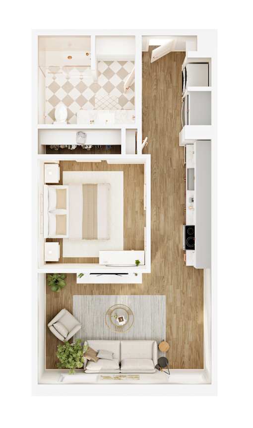 A top-down view of a modern kitchen with a dining area.