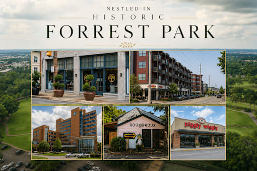A collage of images showcasing the historic Forrest Park area with various buildings and a Piggly Wiggly store.