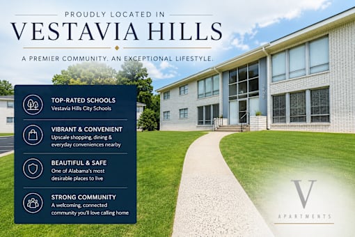 A Vestavia Hills apartment complex advertises its location in a premier community with top-rated schools, vibrant shopping, and a strong community feel.