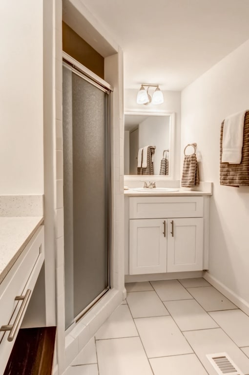 a bathroom with a shower and a sink and a mirror