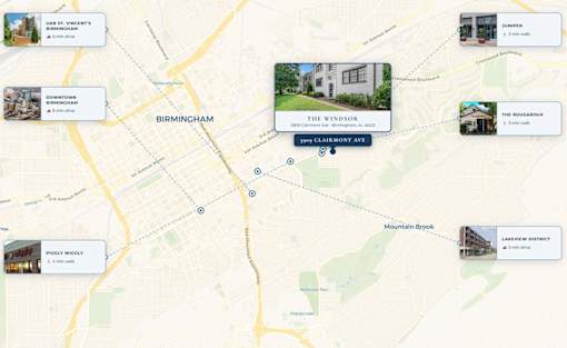 A map shows a location in Birmingham with surrounding areas and properties for sale.