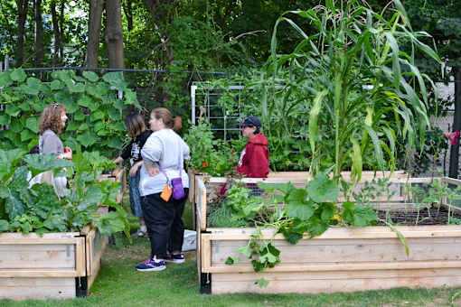 A group of people are standing in a garden.