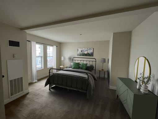a bedroom with a bed in a room