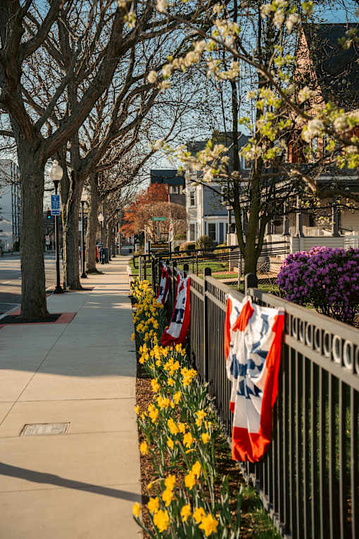 A row of flags are strung up to a fence in front of a building.