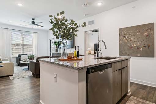 A modern kitchen with a granite countertop and stainless steel appliances.at The Liliana Apartment Homes, Pooler