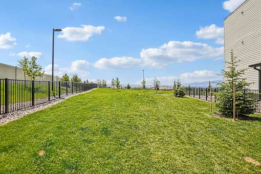 A grassy area with a fence and a building in the background.