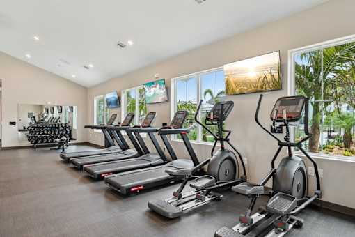 A gym with treadmills and exercise bikes.
