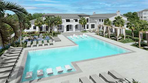 A large swimming pool surrounded by lounge chairs and palm trees.at Terrassa Luxury Apartments, Saint Augustine, 32084