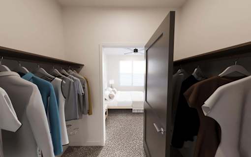 Closet with clothes at The Union Flats at Fishers District, Fishers