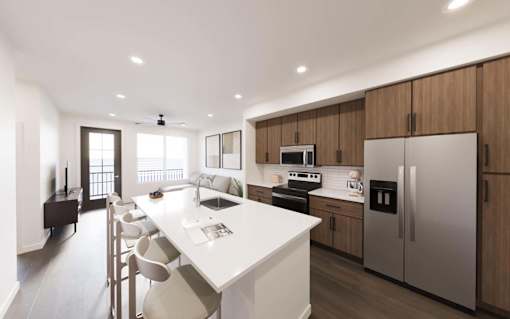 Kitchen with Refrigerator at The Union Flats at Fishers District, Fishers, IN, 46037