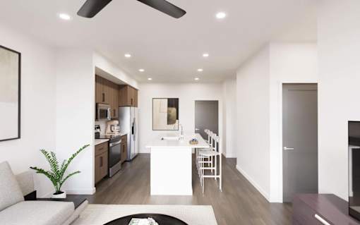 Living Room with ceiling fan at The Union Flats at Fishers District, Fishers, 46037
