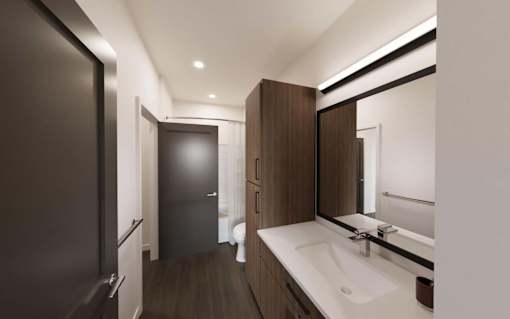 Bathroom with Large Mirror at The Union Flats at Fishers District, Fishers