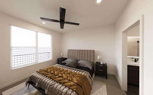 Bedroom with ceiling fan at The Union Flats at Fishers District, Indiana, 46037