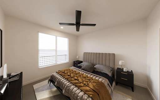 Bedroom with nightstand at The Union Flats at Fishers District, Fishers
