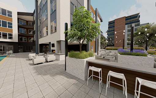 Modern outdoor seating area at The Union Flats at Fishers District, Fishers, 46037