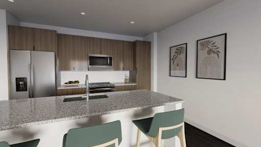 A kitchen with a granite countertop and a refrigerator with a water dispenser.at The Liliana Apartment Homes, Pooler, 31322