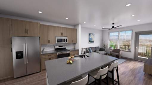A modern kitchen with a dining table and chairs at Refinery at Pointe17 Apartments, Phoenix