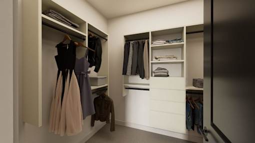 A walk in closet with clothes hanging and shelves.