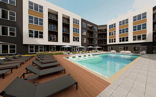 Sun loungers at The Union Flats at Fishers District, Indiana, 46037