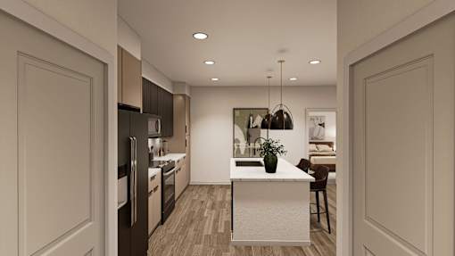 A modern kitchen with a dining table and chairs. at Heritage on Hover Apartments, Longmont, 80503