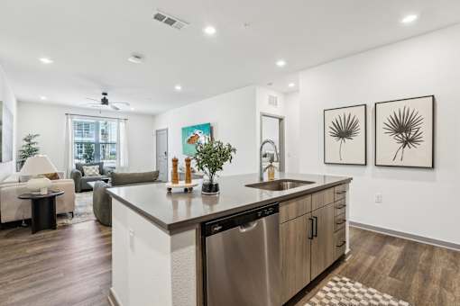 A modern kitchen with a stainless steel dishwasher and wooden cabinets.