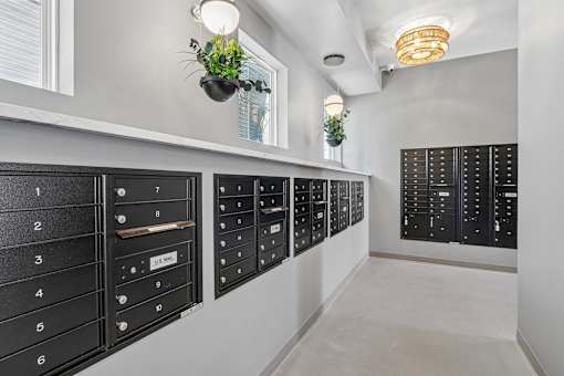 Mail room with wall mounted mailbox banks and lighting at Velara Luxury Apartments, Florida
