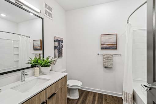 Modern bathroom with dual sink vanity and tub shower at Velara Luxury Apartments, Ponte Vedra Beach