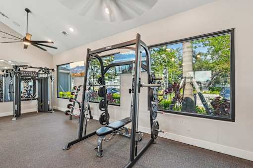 A well-equipped home gym with a view of the outdoors. at The Sophia, Venice, FL