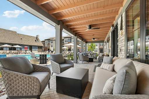 A patio with a pool and furniture.