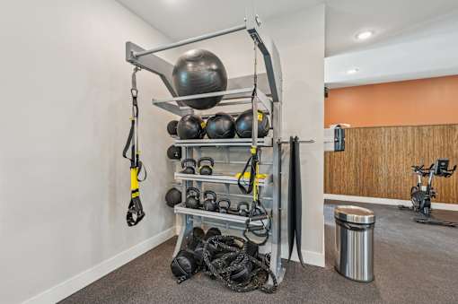 A gym setup with a weight rack, kettlebells, and ropes. at The Sophia, Venice, FL