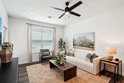 Modern Living Room at The Pullman Luxury Apartments, Atlanta, GA, 30349