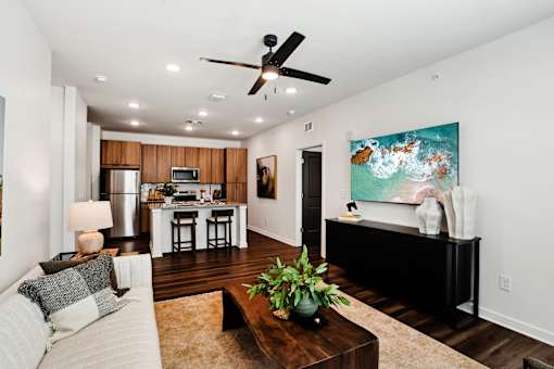 Living Room With Kitchen at The Pullman Luxury Apartments, Atlanta, Georgia