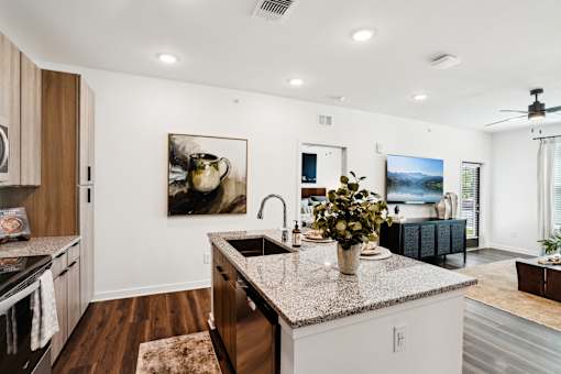 A kitchen with a marble countertop at The Pullman Luxury Apartments, Atlanta, Georgia