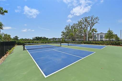 A tennis court with blue and green surface and white lines. at The Sophia, Venice, FL